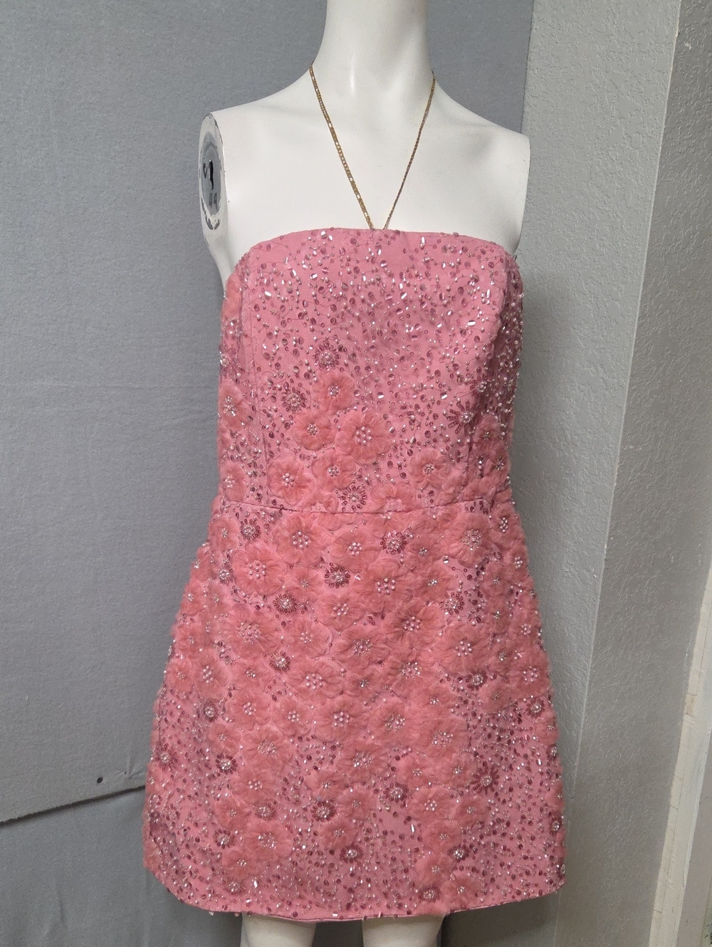 Endless Rose Danielle Floral Sequin Mini Dress Size L Pink 3D Flower Strapless